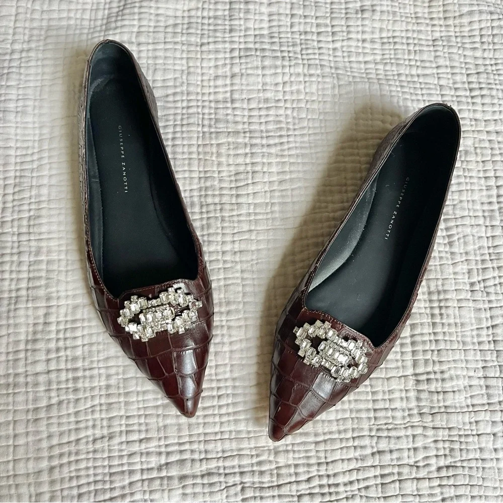 Giuseppe Zanotti Rhinestone Croc Leather Pointed Toe Ballet Flats 38.5